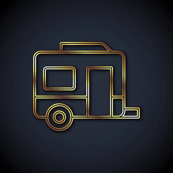 Złota linia Rv Camping trailer ikona izolowana na czarnym tle. Podróż domek mobilny, przyczepa kempingowa, kamper domowy na podróż. Wektor — Wektor stockowy