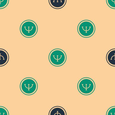 Yeşil ve siyah psikoloji ikonu bej arka planda kusursuz desen izole etti. Psi sembolü. Akıl sağlığı konsepti, psikanaliz analizi ve psikoterapi. Vektör