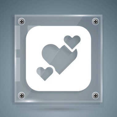 Beyaz Kalp simgesi gri arkaplanda izole edildi. Romantik sembol, bağlanma, tutku ve düğün. Sevgililer günün kutlu olsun. Kare cam paneller. Vektör