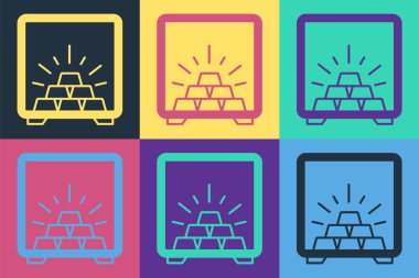 Renkli arka planda izole edilmiş altın külçeli pop sanat kasası. Bankada değerli metaller var. Metalik hazine. Güvenilir veri koruması. Vektör