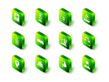 Güneş kremi spreyi şişesi, can yeleği, yat yelkenlisi, bavul, konum, kayak ve sopalar, otelin kapı kilidi anahtarı ve servis çanı ikonu. Vektör