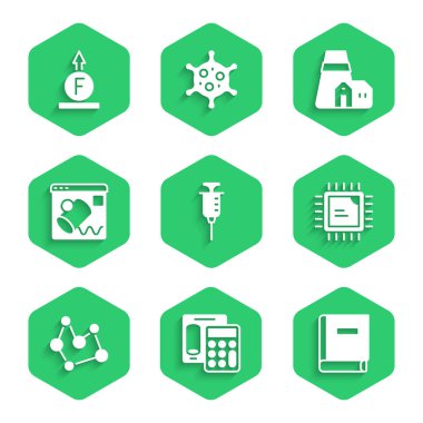 Şırıngayı, Hesap Makinesini, Bilim kitabını, işlemci işlemcisini, kimyasal formülü, veri görselleştirmesini, enerji santralini ve fizik simgesinin gücünü ayarla. Vektör