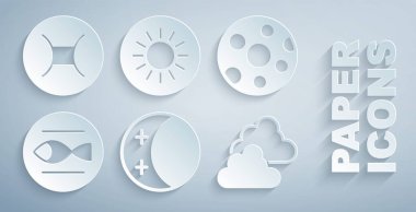 Güneş tutulması, Dolunay, Balık burcu, Bulutlu hava, Güneş ve İkizler ikonu. Vektör