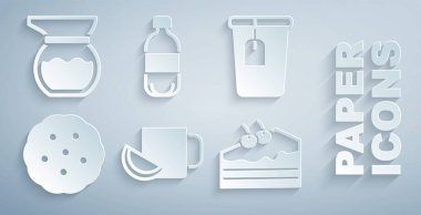 Limon, poşet çay, kurabiye ya da bisküvi, kek, şişe su ve çaydanlık ikonu. Vektör