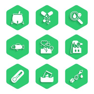 Zehirli gaz ya da duman bulutu, varildeki radyoaktif atık, ok fabrikadan çıkan duman, termometre, kirpi balığı, büyüteç camı ve cadı kazanı ikonu. Vektör