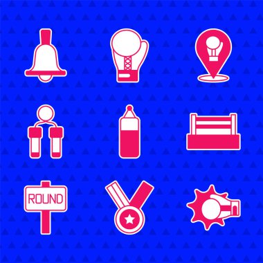 Kum torbası, madalya, boks eldiveni, boks yüzüğü, tahta, ip atlama ve çan ikonu. Vektör