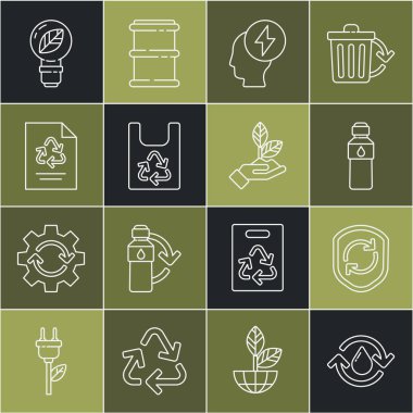 Geri dönüşüm hattı, temiz su, kalkanın içindeki sembol, bir şişe su, kafa ve elektrik, geri dönüşümlü plastik torba, kağıt, ampul yaprağı ve bitki el ikonu. Vektör