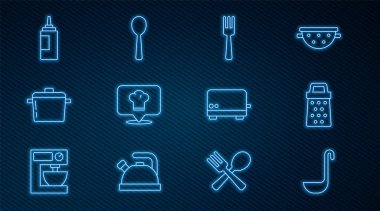 Mutfak kepçesi, rende, çatal, yeri olan şef şapkası, tencere, sos şişesi, tost makinesi ve kaşık ikonu. Vektör