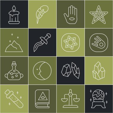 Sihirli top, taş, kuyruklu yıldız hızla düşüyor, Hamsa eli, hançer, toz, yanan mum ve Tarot kartı ikonu. Vektör