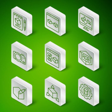 Satır 3D yazıcı ayarları, Isometric küp, kağıt üzerinde çizim, fotoğraf makinesi, mükemmel kopya, 3D kalem aracı ve RGB ve CMYK renk karıştırma simgesi. Vektör