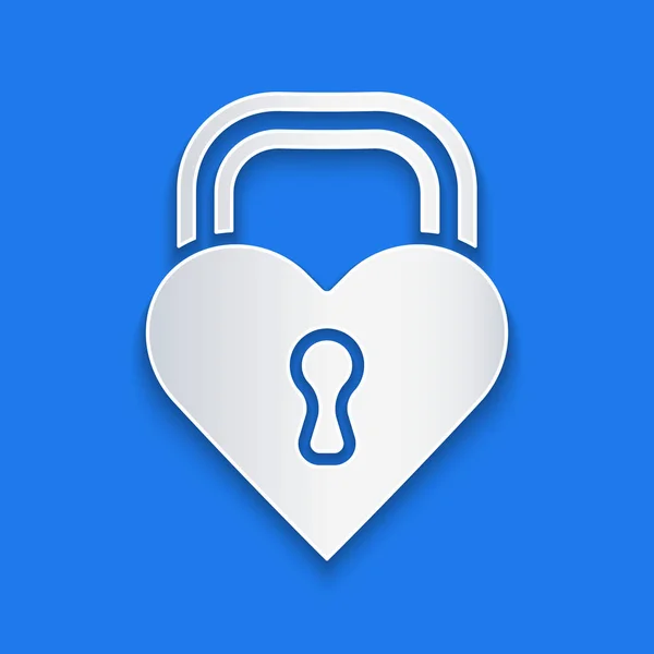 剪纸城堡的形状是心形图标 与蓝色背景隔离 锁定的心脏 爱的象征和钥匙孔标志 情人节快乐 造纸艺术风格 — 图库矢量图片