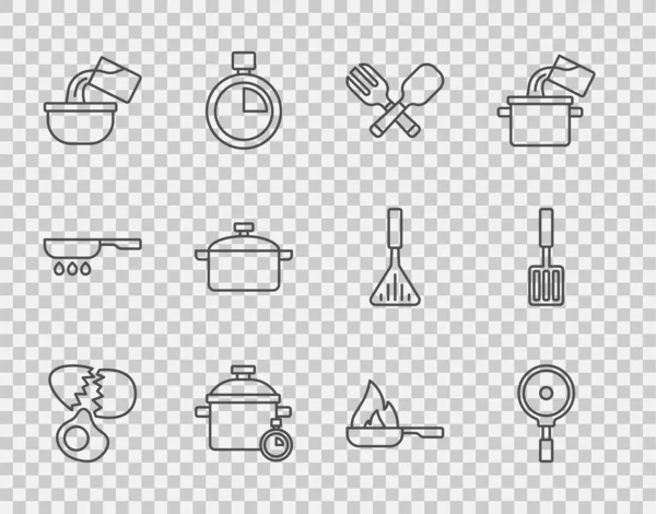 Ligne Consigne Œuf Cassé Poêle Fourchette Cuillère Croisées Casserole Casserole — Image vectorielle