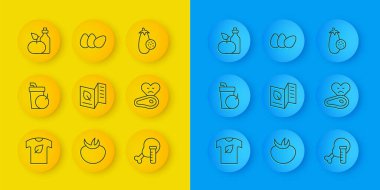 Taze Vegan gömleği, taze meyve püresi, vejetaryen yemek menüsü, genetiği değiştirilmiş tavuk, biftek eti, şişe elma sirkesi, patlıcan ve tavuk yumurtası ikonu. Vektör