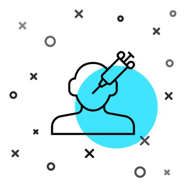 Uyuşturucu ikonuna olan siyah çizgi bağımlılığı beyaz arka planda izole edilmiş. Eroin, uyuşturucu, bağımlılık, yasadışı. Elinde şırınga ve ilaç olan hasta bir keş. Rastgele dinamik şekiller. Vektör