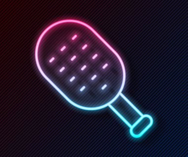 Parlayan neon hattı sauna fırçası simgesi siyah arkaplanda izole edildi. Banyoda yıkanmak için kaba kıllı ahşap bir fırça. Selülit önleyici masaj. Vektör