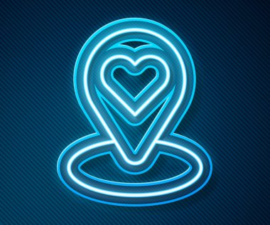 Mavi arkaplanda kalp simgesi izole edilmiş parlak neon çizgisi haritası. Sevgililer Günü. Aşk yeri. Romantik harita iğnesi. Vektör