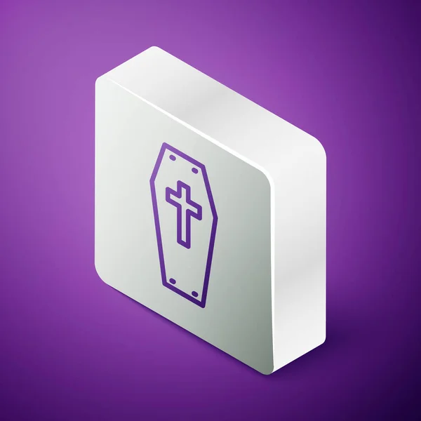 等距线棺材与基督教交叉图标隔离在紫色背景 万圣节快乐派对银方按钮 — 图库矢量图片