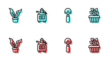 Kürek, saksıda bitki, gübre için bahçe spreyi ve sarmaşık ikonu. Vektör