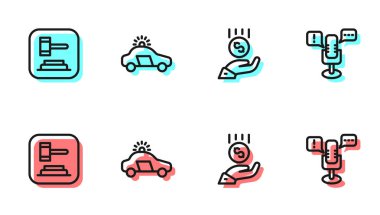 Madeni paralar hazır olsun. Asgari ücret, Yargıç tokmak, polis arabası teşhircisi ve konuşma özgürlüğü ikonu. Vektör