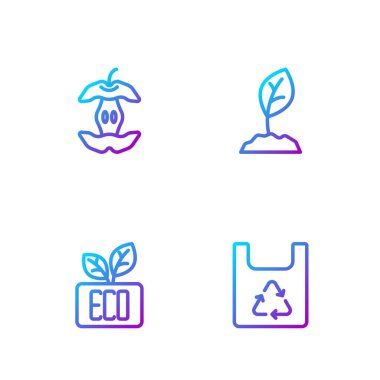 Geri dönüşümlü alışveriş torbası, Yaprak Eko sembolü, Apple çekirdeği ve filizi hazırla. Renk simgeleri. Vektör