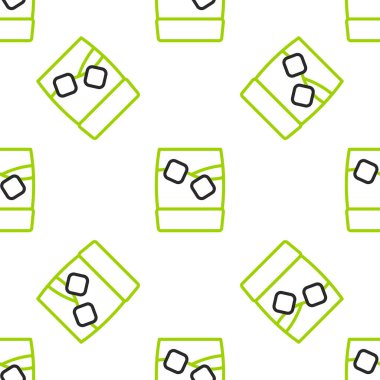 Buz küpleri ikonlu çizgili viski kadehi beyaz arka planda izole edilmiş pürüzsüz desen. Vektör