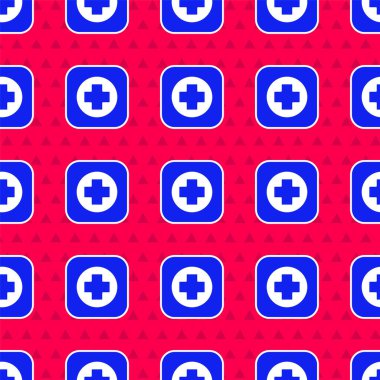 Mavi Hastane tabela simgesi kırmızı arkaplanda izole edilmiş pürüzsüz desen. Vektör