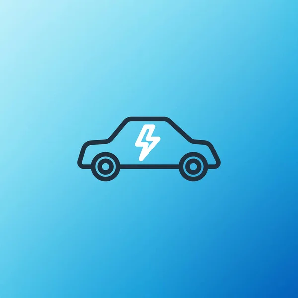 Line Elektrische auto en elektrische kabel plug opladen pictogram geïsoleerd op blauwe achtergrond. Duurzame eco-technologieën. Kleurrijk concept. Vector — Stockvector