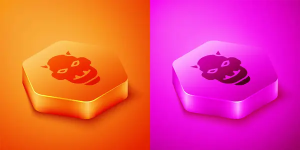 Isometric Mask of the devil with horns icon isolated on orange and pink background. Hexagon button. Vector — Stock Vector