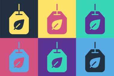 Renkli arka planda yaprak simgesi olan Pop Art Tea poşeti. Vektör