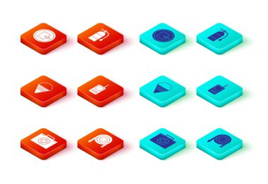 İlk yardım çantasını, yangın hortumunu, koni kovasını, telsizi, yangın söndürücüyü ve çıkış ikonunu hazırla. Vektör