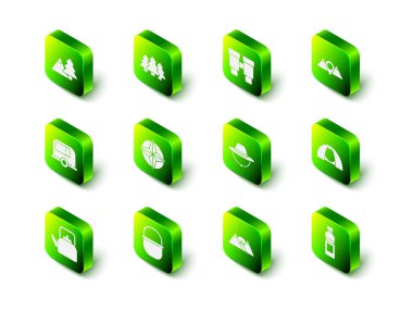 Orman, dürbün, konum dağları, turist çadırı, su şişesi, kamp şapkası, dağlar ve esrar ikonu. Vektör