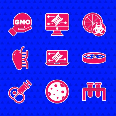 Genetik mühendisliği modifikasyonunu ayarlayın, bakterili, deney tüplü ve mataralı Petri kabı, genetiği değiştirilmiş et, elma, portakal ve GDO simgesi. Vektör