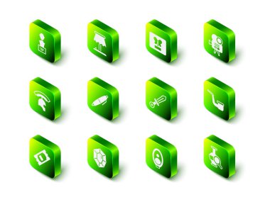 Masa lambası, Kelebek çerçevesi, Retro sinema kamerası, tüttürme piposu, Antik amforalar, Ortaçağ kılıcı, Portre resim müzesi ve taş ikonu. Vektör