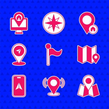 Bayrak, Harita iğnesi, konum işaretleyicili katlanmış harita, şehir navigasyonu, konum evi ve Monitör simgesini ayarla. Vektör