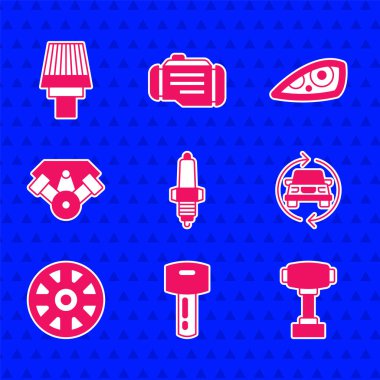 Otomobil bujisi, uzaktan kumandalı anahtar, vites kolu, servis, araba için tekerlek, güç motoru, far ve hava filtresi simgesi. Vektör