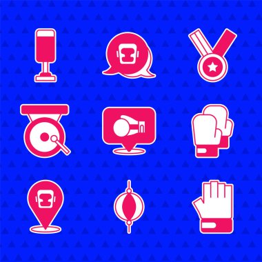 Boks eldiveni, kum torbası, MMA, miğfer, gong, madalya ve ikon. Vektör