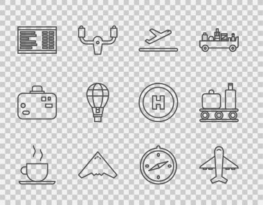 Hattı ayarla. Kahve fincanı, uçak, kalkış, jet uçağı, havaalanı panosu, sıcak hava balonu, pusula ve bavul ikonlu taşıma bandı. Vektör