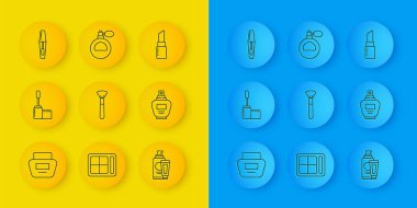 Krem ya da losyon kozmetik tüpü, Mascara fırçası, makyaj malzemesi, parfüm, ruj ve ikon. Vektör