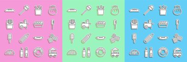 Set line Fast street food cart, Cracker biscuit, Fried sausage, Chicken leg in package box, Potatoes french fries, Bread loaf and nuggets icon. Vector