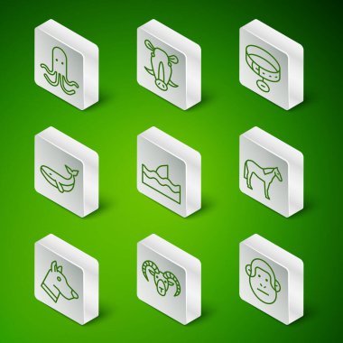 Kuyruk maymunu, keçi ya da koç başı, ahtapot, okyanus dalgasında köpek balığı yüzgeci, balina, yaban domuzu başı, köpek ve at ikonu. Vektör