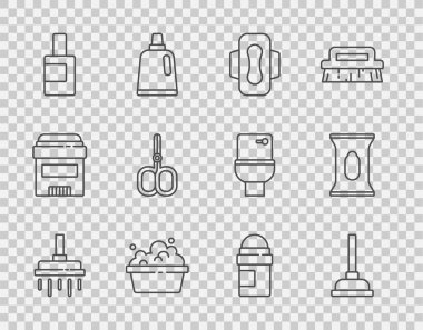 Duş başlığı, lastik pompa, hijyenik peçete, sabun köpüklü leğen, temizlik malzemesi şişesi, tırnak makası, terleme önleyici deodorant rulo ve ıslak mendil ikonu. Vektör