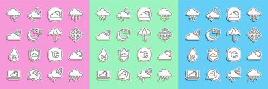 Cloud 'u yağmur, güneş ve bulut havası, kar tanesi, hava tahmini, uyku zamanı, Gökkuşağı bulutları, Fırtına ve Şemsiye ikonu ile ayarla. Vektör