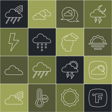 Fahrenheit, Hava Durumu, Gündoğumu, Konum Bulutu, Yağmurlu Bulut, Şimşek, Gökkuşağı ve İnsan 'ın baş ağrısı ikonu. Vektör