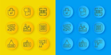 Kapalı, Candy, kasiyer, tarayıcı barkod, QR, alışveriş poşeti geri dönüşümü ve tuvalet kağıdı rulosu ikonu ile hat asma tabelasını ayarla. Vektör