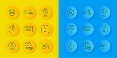 Satır başını soru işareti, Soru ve Yanıt, Konuşma balonu sohbeti, Bilgi, Telefon 24 saat desteği, konum bilgisi ve yeni gelen e- posta ikonu ile ayarla. Vektör