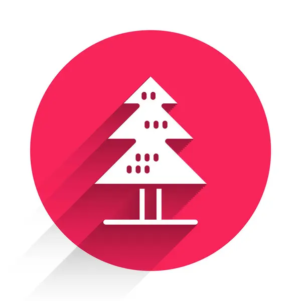 White Tree icon isolated with long shadow background. Forest symbol. Red circle button. Vector — Stockvektor