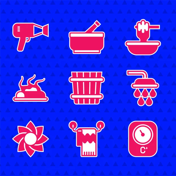 Sauna kovasını, havluyu, termometreyi, duşu, çiçeği, kamp ateşini, çanağı ve saç kurutma ikonunu hazırla. Vektör