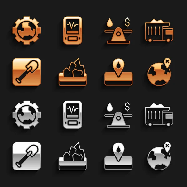 Set Ore mining, Mining dump truck, Location on the globe, Oilfield, Shovel, money, Gear wheels and earth and Seismograph icon. Vector — 스톡 벡터