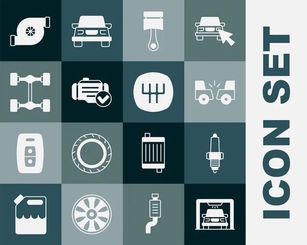 Set Car wash, bougie, ongeluk, Motor zuiger, Check motor, Chassis auto, Automotive turbolader en Versnellingspook pictogram. Vector — Stockvector