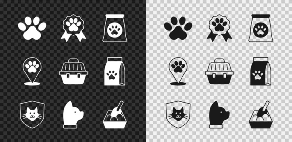 Set Paw print, Símbolo de premio para mascotas, Bolsa de comida para mascotas, Seguro de salud animal, Gato, bandeja de arena con pala, Lugar hospital veterinario e icono del estuche. Vector — Archivo Imágenes Vectoriales